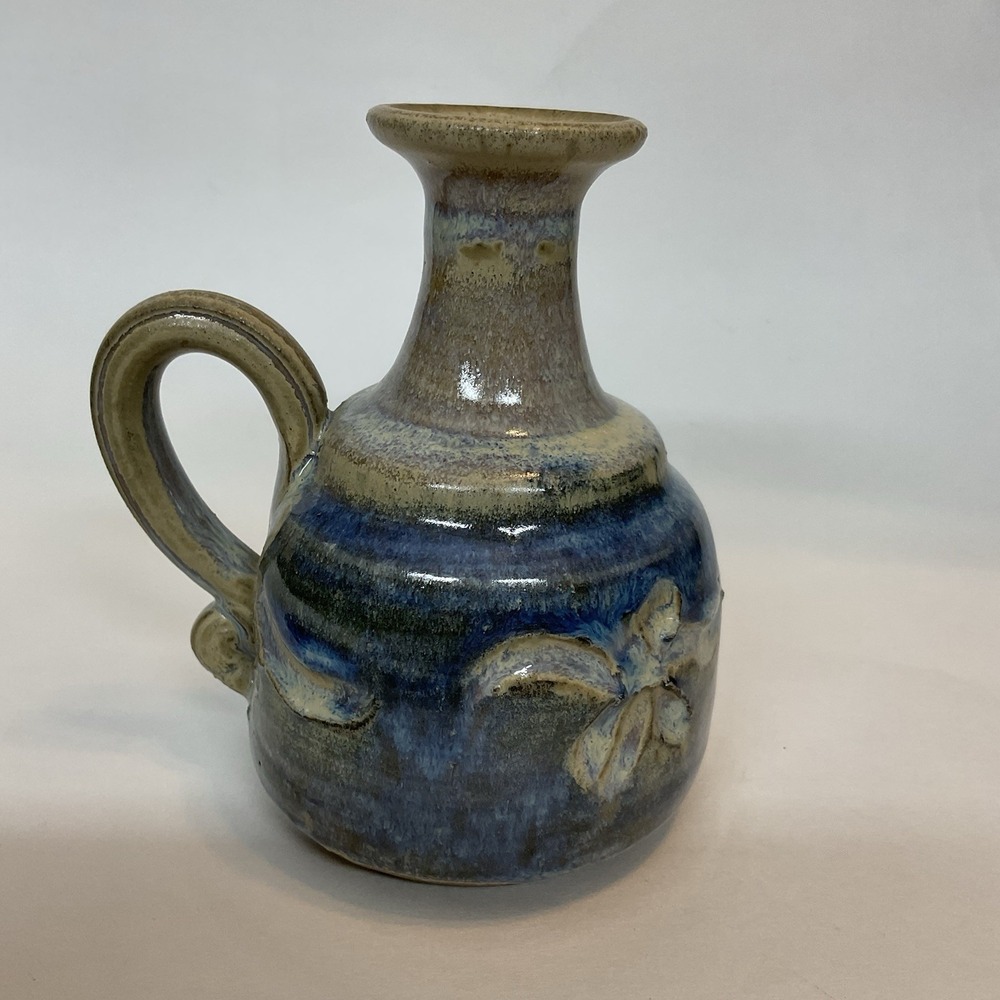 Vintage Handmade Mini Miniature Vase Pitcher Gray Blue Glazed 5" With Handel